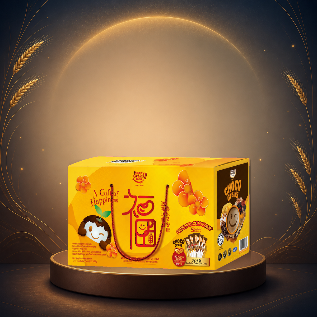Happy Grains Choco – 32+5+10 Sachets Bundle on a Mid-Autumn moonlit gold display