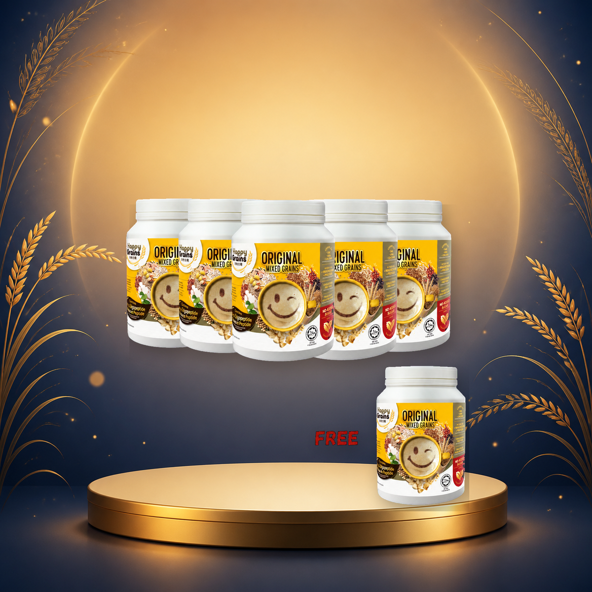 Happy Grains Original Bundle – Buy 5 Can Free 1 Can on a Mid-Autumn moonlit gold display
