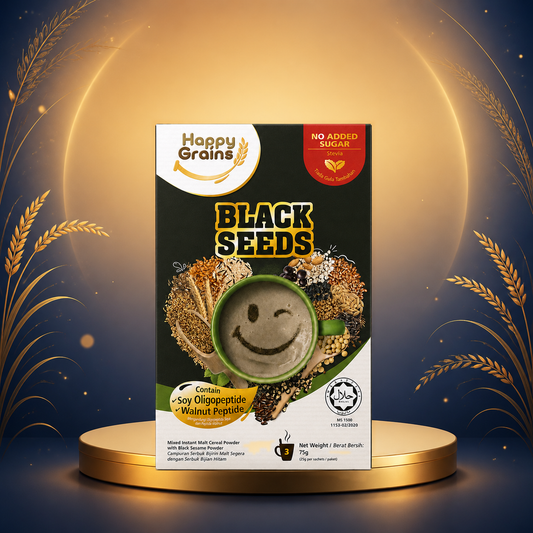 Happy Grains Black Seeds 3 Sachets on a Mid-Autumn moon and gold stage