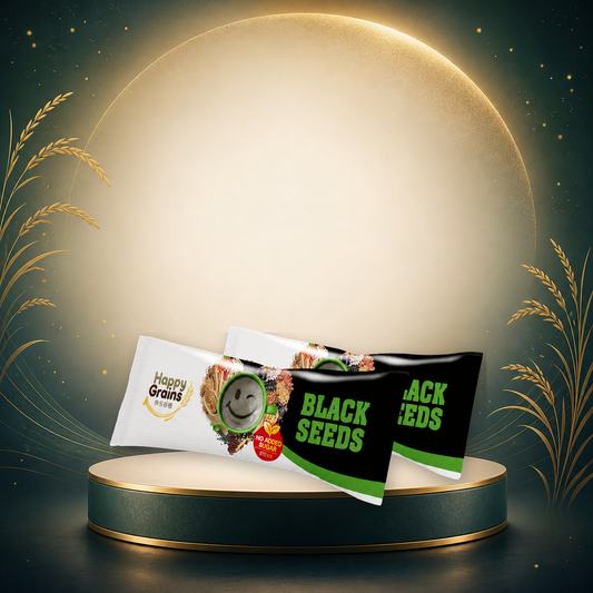 Happy Grains Black Seed 1 Sachet on a Mid-Autumn moonlit gold display