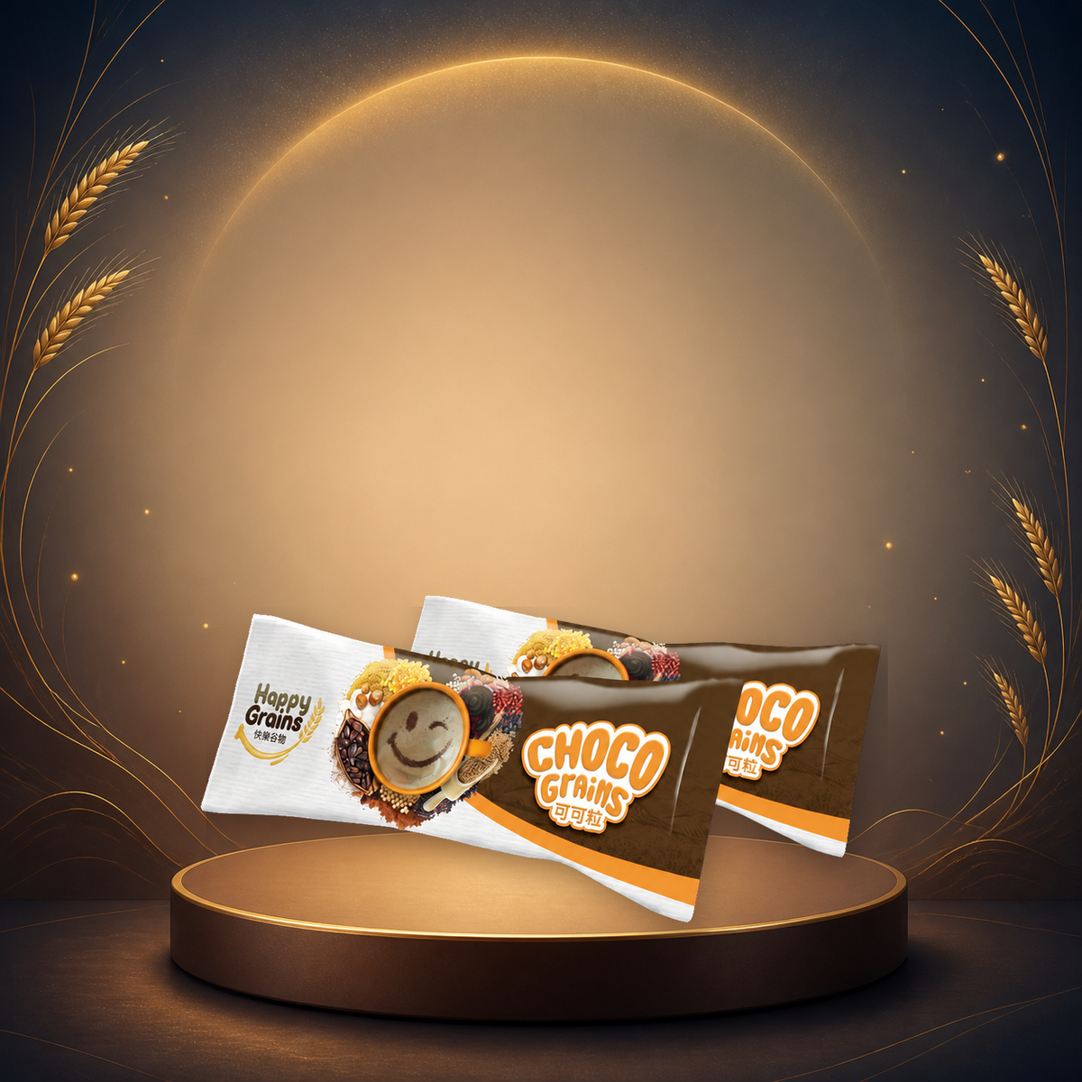 Happy Grains Choco 1 Sachet on a Mid-Autumn moonlit gold display