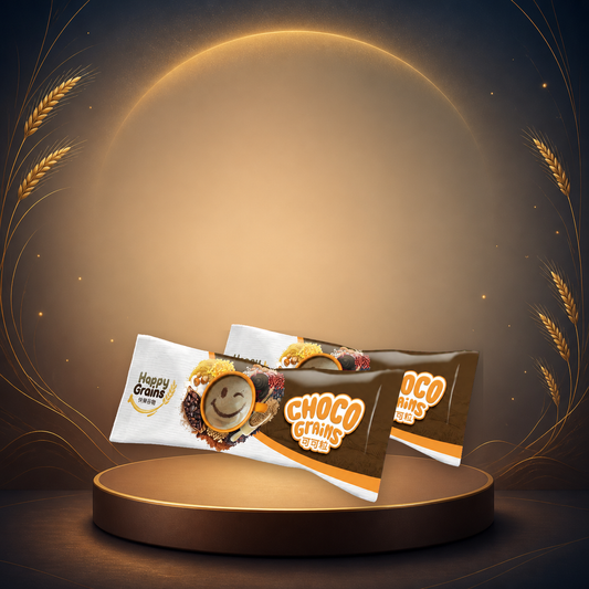 Happy Grains Choco 1 Sachet on a Mid-Autumn moonlit gold display